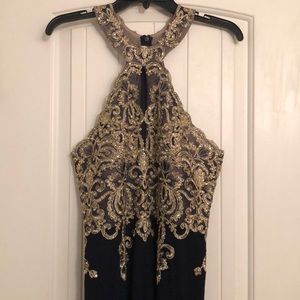 Navy Blue Gold Detailed Modern Prom Dress